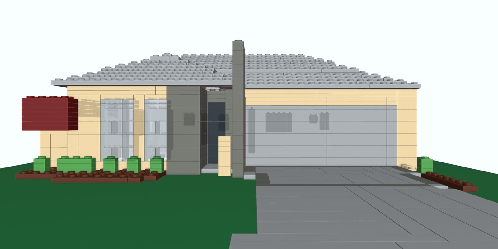 The same house rebuilt as a brick model, seen from the same spot.