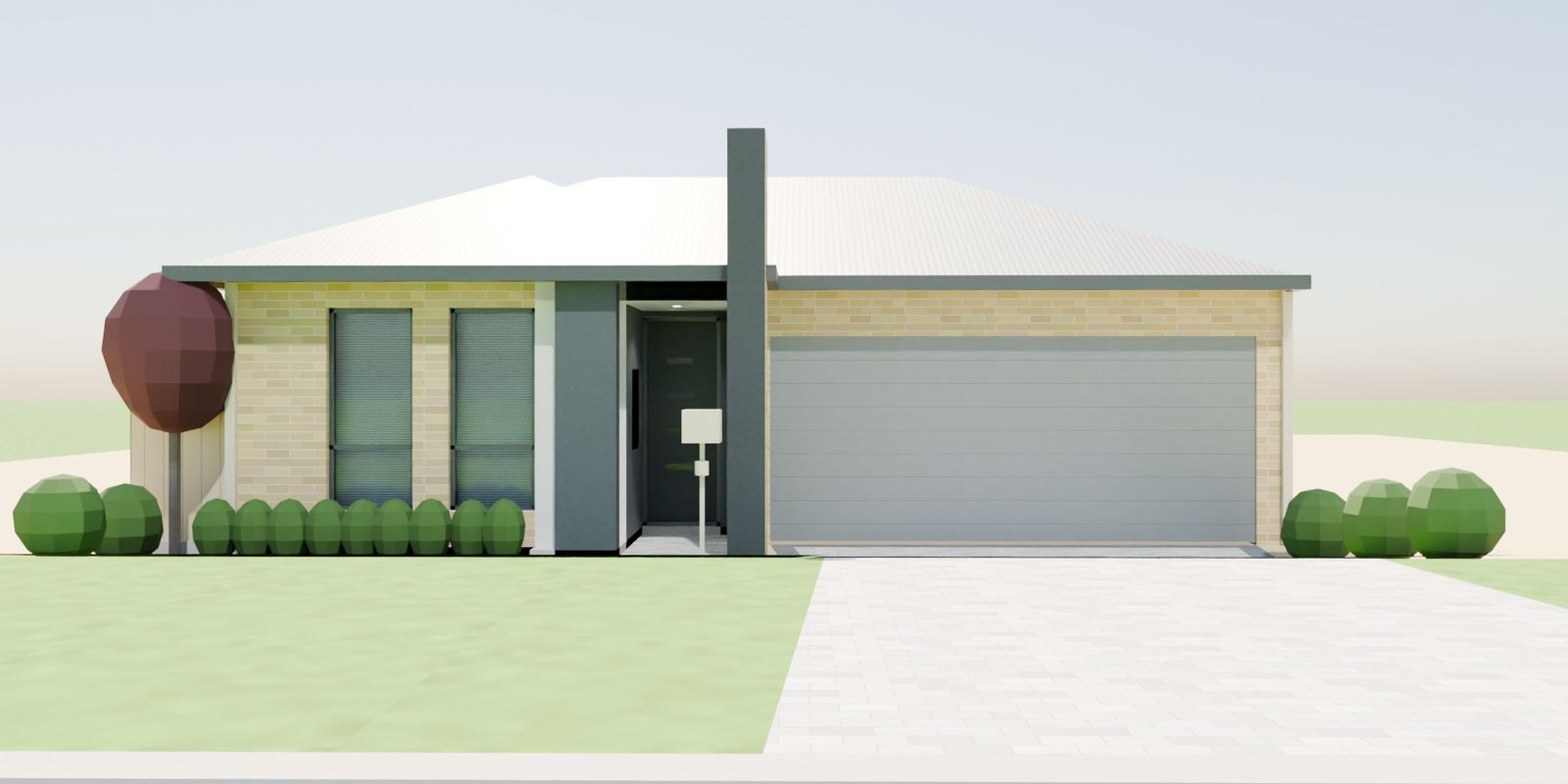 A single-storey cream-brick house with a charcoal entry and a grey garage door.