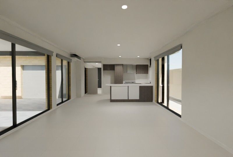 3D view from the living room looking towards the kitchen, with sliding doors on both sides.