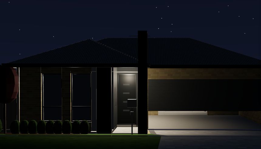 The house at night under a starry sky with the porch and garage lights on.